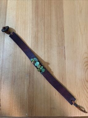 Green Beaded Brown Leather Bracelet